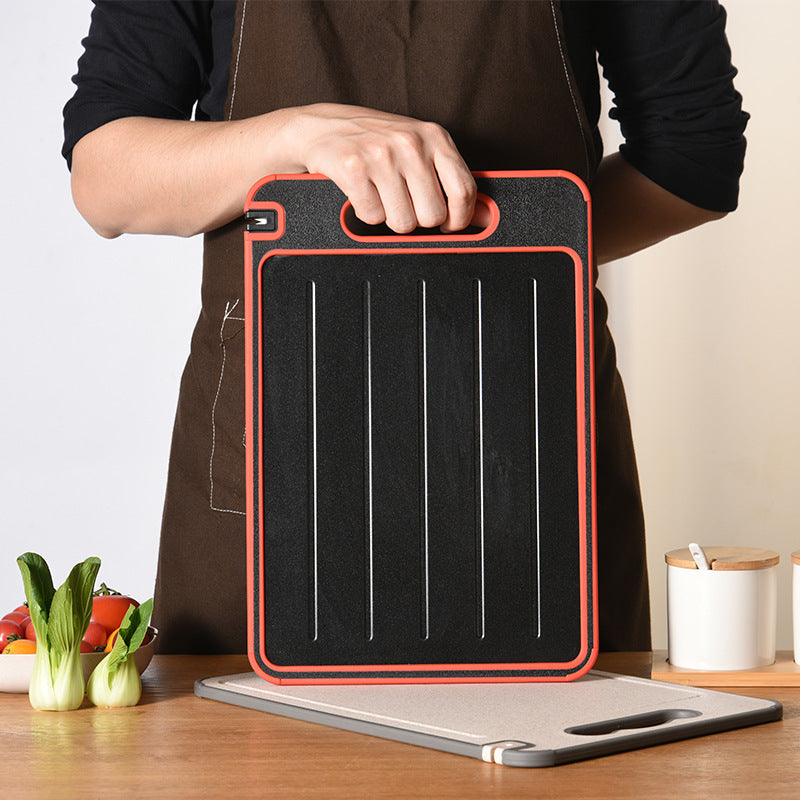 Rapid thawing cutting board with built-in knife sharpener