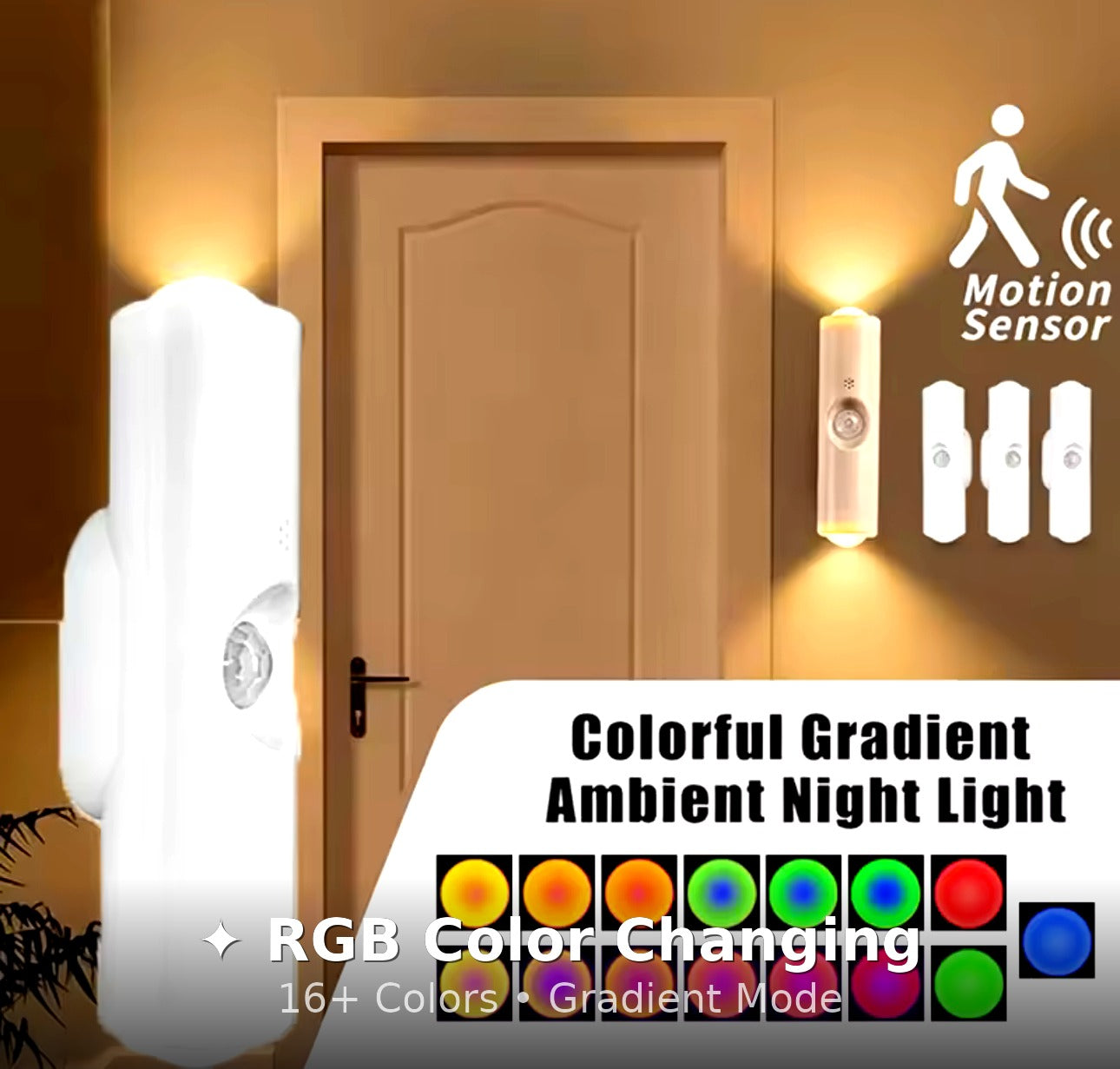 Three-Color LED Wall Light – Rechargeable & Motion Sensor Night Light